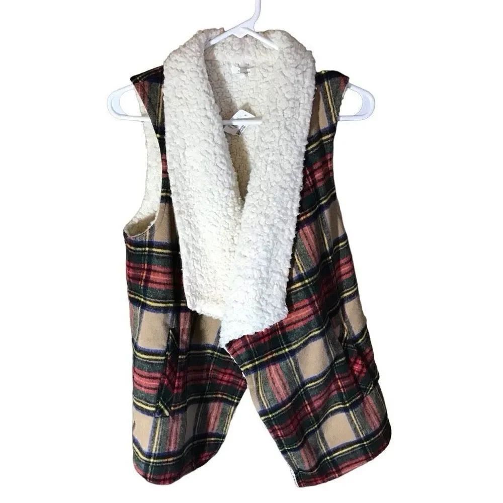 Maurices Vest SZ small plaid wool sherpa lining open front tan green warm